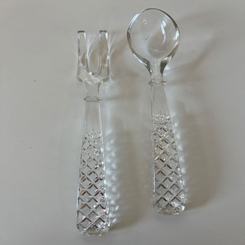2 Vintage Anchor Hocking Crystal Pressed Glass Salad Serving Spoon Fork Wexford - Picture 3 of 3